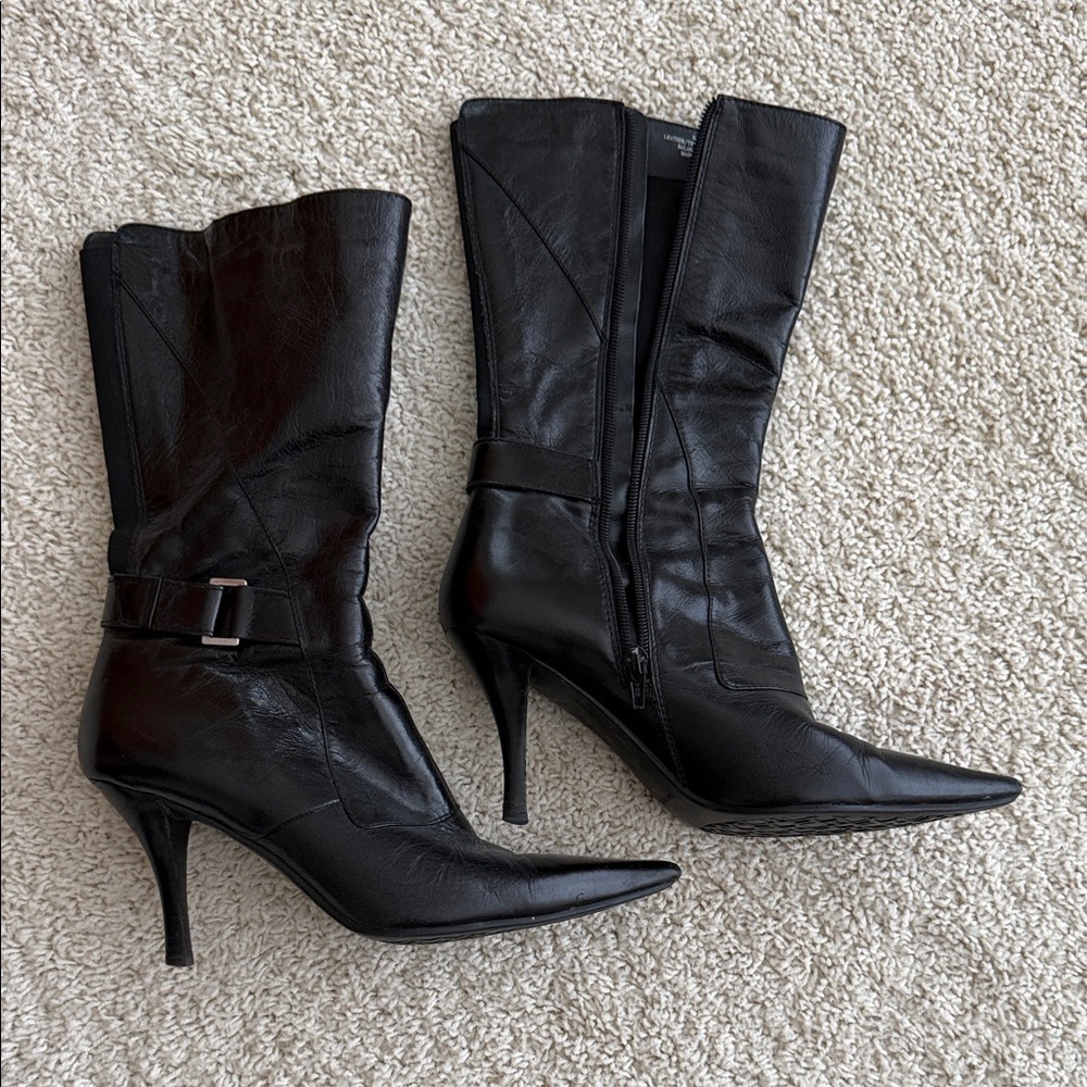 Ring Black Pointed-Toe Mid-Calf Stiletto Boots